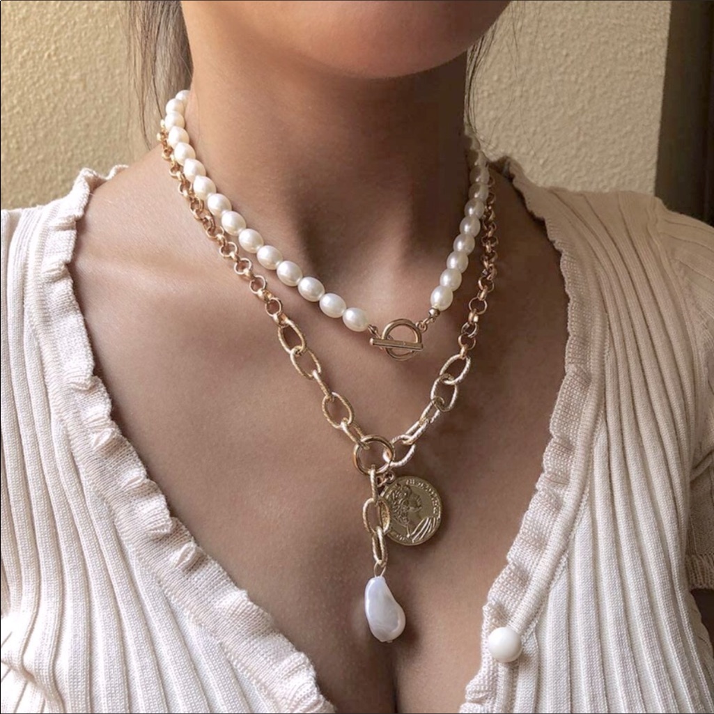 Layered Boho Necklace Charm Pearl 35$